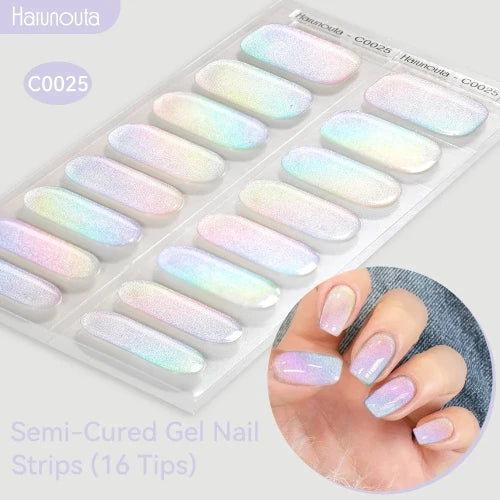 Aurora Shine Semi-Cured Gel Nail Strips – UV/LED Ready, Easy DIY at Home